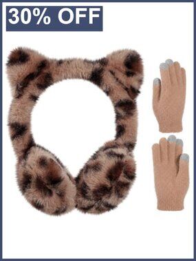 Girls Faux Fur Cat Ear Earmuffs & Touchscreen Gloves Winter Set